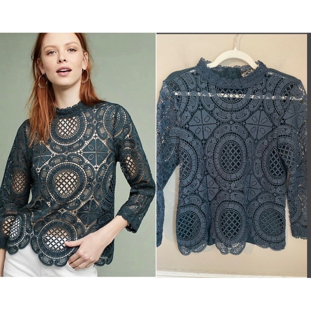 James Coviello‎ x Anthropologie Lace Medallion Top Green Romantic Dark Academia